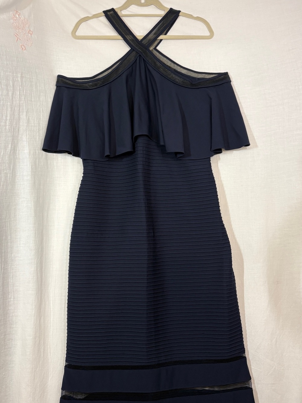 Tadashi Shoji Navy Crystal Pintuck Jersey Halter  Maxi Ruffle Bodycon Dress